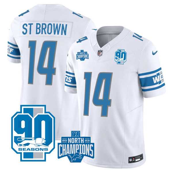 Men & Women & Youth Detroit Lions #14 Amon-Ra St. Brown White 2023 90th Anniversary North Division Champions Patch Limited Stitched Jersey